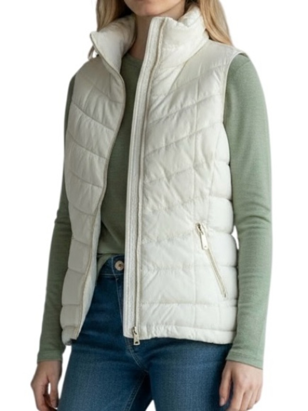 Calvin Klein Cream Puffer Vest Women’s S Gold tone zipper Warm Comfy